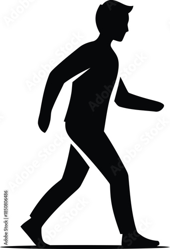 Silhouette of man walking left to right with arms swinging naturally, showing momentum and stride on white background
