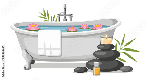 Relaxing spa bath with floating lotus flowers, hot stones, and essential oil for ultimate tranquility
