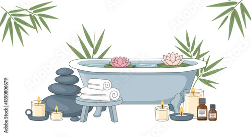Vector illustration of a serene spa setting featuring a bathtub with lotus flowers, candles, essential oils, and zen stones, perfect for relaxation and self-care