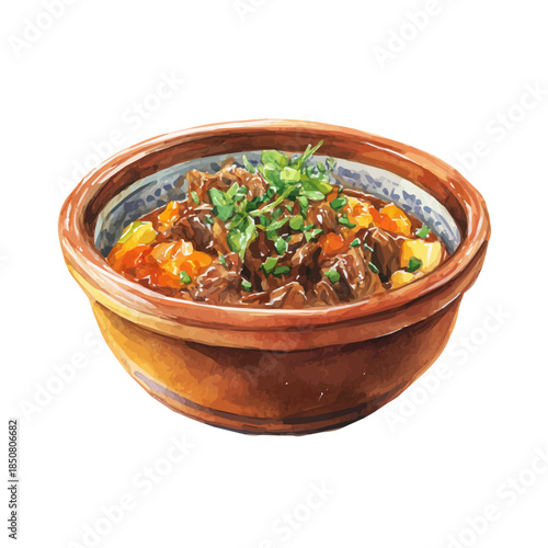 Isometric watercolor graphic of Ropa Vieja, neatly isolated on white background.