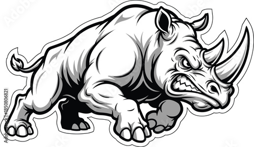 Charging rhinoceros in fierce stance, muscular wild beast, bold cartoon style, strength and aggression symbol, flat vector illustration