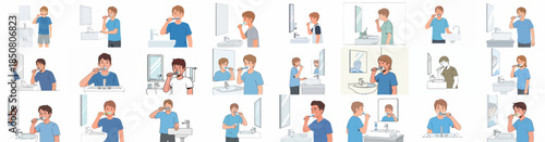 Vector set of young men and women brushing teeth in bathroom sink and mirror illustrations, depicting morning oral hygiene routine and dental care.