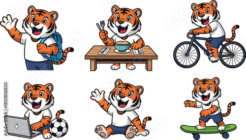 Cartoon tiger doing daily activities like biking, studying, eating, skating, playful character set, flat vector illustration