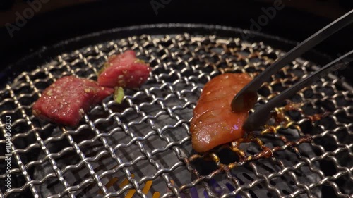 Grilling Japanese Yakiniku Meat on Hot Grill