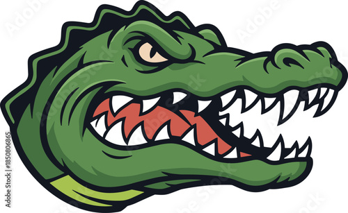 Fierce alligator head with sharp teeth, aggressive cartoon style, mascot logo concept, wild reptile expression, flat vector illustration