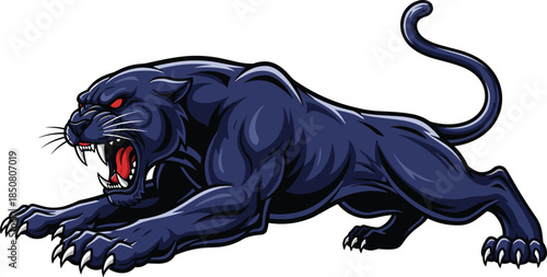 Aggressive black panther crouching with claws out, fierce wild animal mascot, intense predator pose, bold style, flat vector illustration