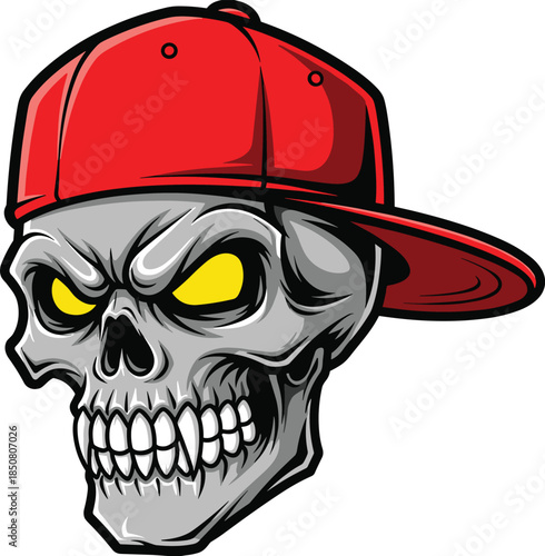 Stylized human skull with glowing eyes and red cap, cartoon edgy character, urban streetwear vibe, bold design, flat vector illustration
