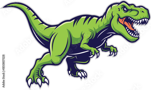 Tyrannosaurus rex in dynamic pose, fierce dinosaur attack stance, prehistoric predator concept, bold cartoon style, flat vector illustration