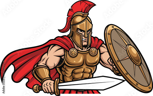 Ancient warrior in Roman armor with sword and shield, heroic cartoon character, bold historical style, flat vector illustration