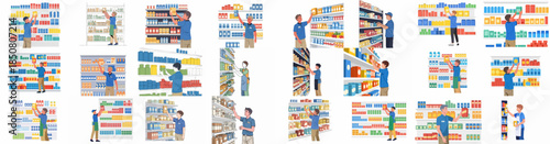 Retail workers stocking grocery store shelves compilation, showing various male employees arranging products and goods, flat vector illustration set.