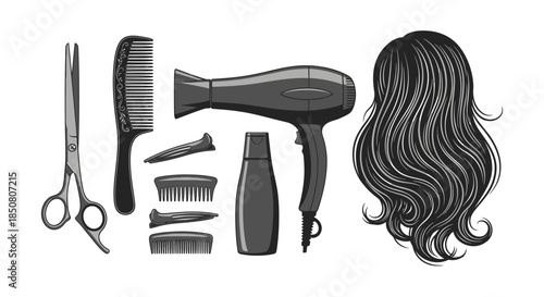 Hair Styling Tools and Long Wavy Hair Illustration, Beauty Salon Equipment, Graphic Vector Art, Isolated on White Background