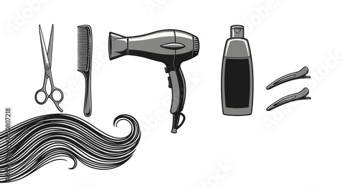 Hair Styling Tools and Accessories Illustration Featuring Scissors, Comb, Hairdryer, Shampoo, Clips in Minimalist Design