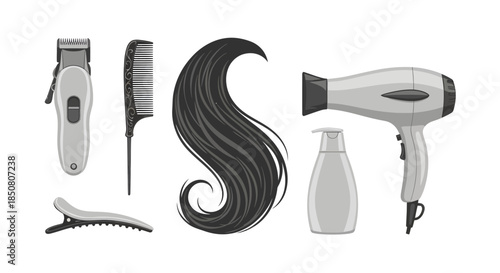 Hair Styling Tools and Accessories with Long Hair Strand on White Background, Illustrations of Beauty and Grooming Equipment