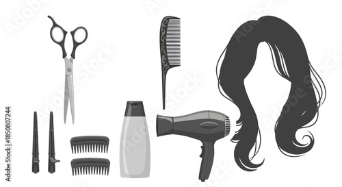 Hair Styling Tools Set Including Scissors, Comb, Hair Dryer, Clips, and Wig Illustration on White Background