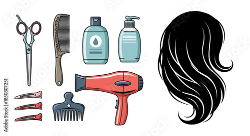 Hair styling tools and silhouette of long hair, flat lay, beauty salon concept, isolated on white background, top view
