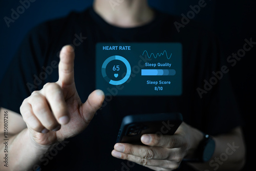 Man using smartwatch sync to smartphone to displaying sleep cycle graph. Data visualization and health monitoring. Innovative wearable technology