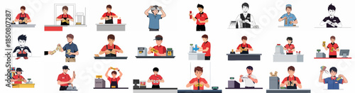 Service attendants selling, validating, and tearing admission tickets at counters and ticket booths, illustrated in diverse styles.