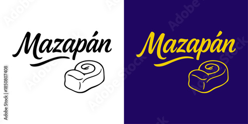 Logo de Navidad. Texto manuscrito en español Mazapán con dibujo con líneas de una figura de mazapán para tarjetas y felicitaciones