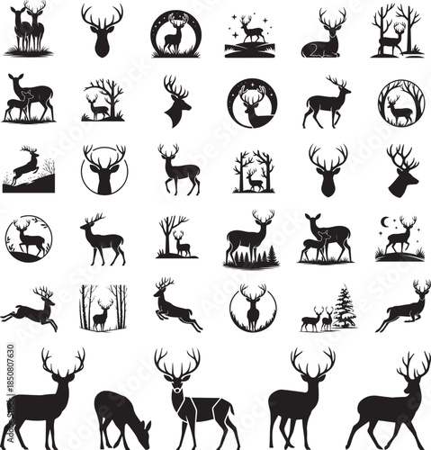 Wild animal deer with various activities black silhouette vector icon set for hunting and wildlife design concepts