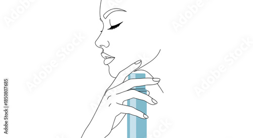 Profile view of woman applying skincare spray beauty routine minimalistic line art illustration
