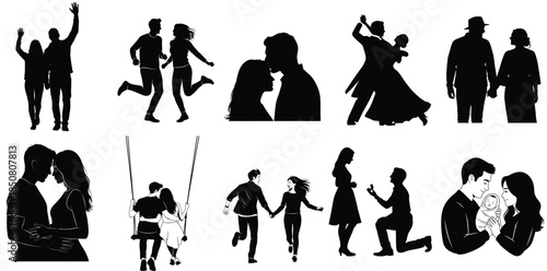 Diverse romantic silhouettes depicting various stages of couple's journey from love to family