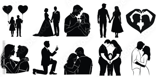Romantic silhouettes illustrating a journey of love, commitment, and family moments through various relationship stages