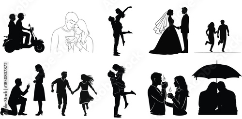 Collection of diverse romantic couple silhouettes depicting various moments of love and togetherness