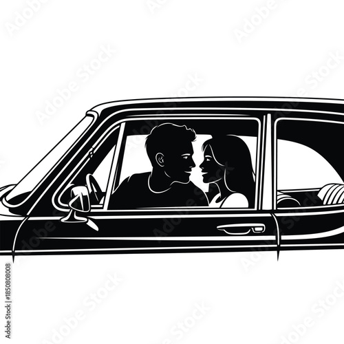 A romantic silhouette of a young couple sharing an intimate moment in a classic car