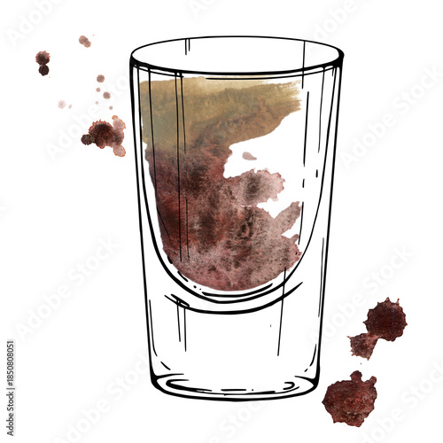 Baby shot with espresso-dark base and creamy top, dark beer, coffee or chocolate splatter. Isolated hand drawn ink and watercolor illustration. Ideal for cozy drink collections or Irish-themed menus.