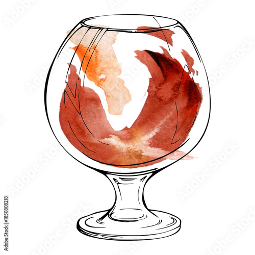 Sparkling Aperol Spritz in balloon wine glass, red liquid cocktail or lemonade with watercolor tones and crisp ink detail. Hand drawn design for patio bar visuals, drink prints, and wrapping paper.