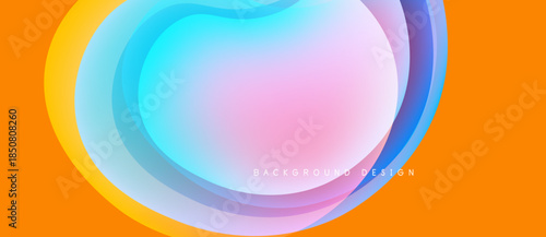 Abstract fluid shapes overlap, creating vibrant color gradients. Orange background complements blue, pink, yellow hues. Modern design element.