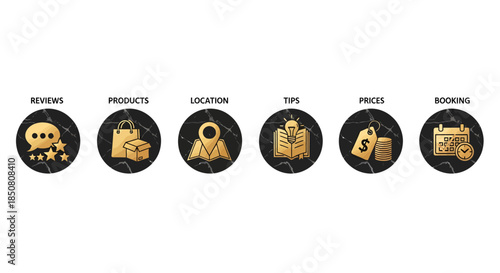 Icons Representing Reviews, Products, Location, Tips, Prices, and Booking in Graphic Flat Design, Digital Interface, User Experience Concept