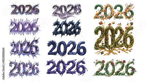 Set of fantasy 2026 numbers in spiky and floral styles, decorative New Year typography vector illustration.
New year 2026 3d Text, Metallic 