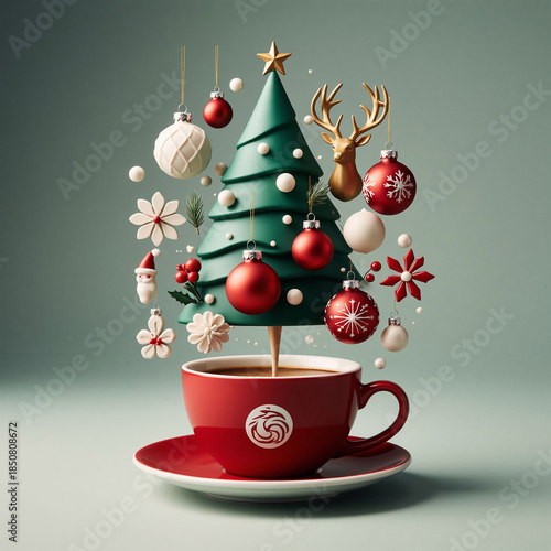Cup of coffee with christmas tree. 3D illustration.