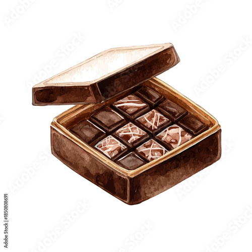 Isometric watercolor rendering of Chocolate Box, isolated on a clean white background.