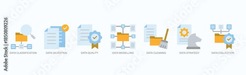 Strategic Data Icon Set Isolated Vector With Icon Of Data Classification, Data Validation, Data Quality, Data Modelling, Data Cleaning, Data Strategy, Data Collection In Flat Style