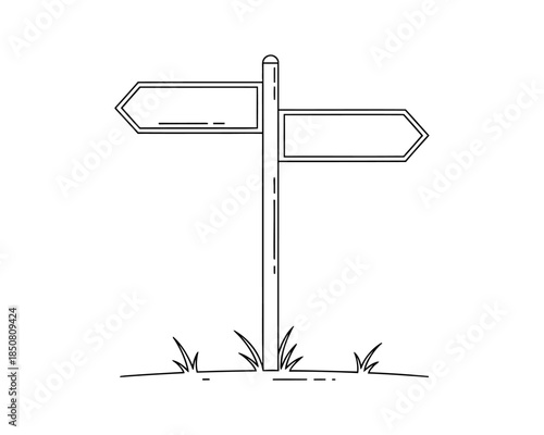 Directional Signpost Icon: A simple line art illustration of a weathered signpost in a grassy field, showcasing two blank direction signs for navigation, adventure, or personal choice.