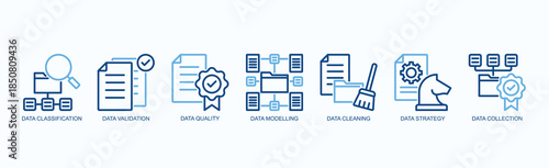 Strategic Data Icon Set Isolated Vector With Icon Of Data Classification, Data Validation, Data Quality, Data Modelling, Data Cleaning, Data Strategy, Data Collection In Two Color Outline Style