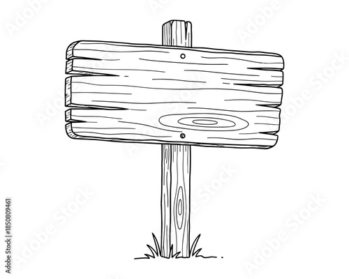 Wooden Sign Post: An aged and weathered wooden signpost stands, offering a touch of rustic charm, ready to guide. Carved lines depict a landscape element