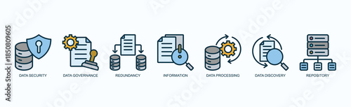 Digital Integrity Icon Set Isolated Vector With Icon Of Data Security, Data Governance, Redundancy, Information, Data Processing, Data Discovery, Repository In Outline Color Style
