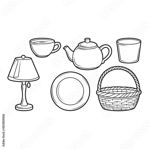 Collection of household items including table lamp and crockery Vector illustration