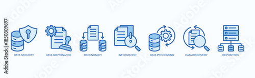 Digital Integrity Icon Set Isolated Vector With Icon Of Data Security, Data Governance, Redundancy, Information, Data Processing, Data Discovery, Repository In Blue Style