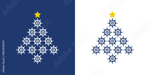 Logo nautical. Árbol de navidad formado por volantes de timón de barco con estrella para tarjetas y felicitaciones de Navidad
