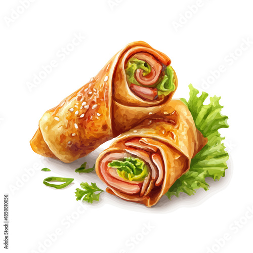 Peking Duck Rolls in detailed isometric watercolor art, isolated on a pure white backdrop.