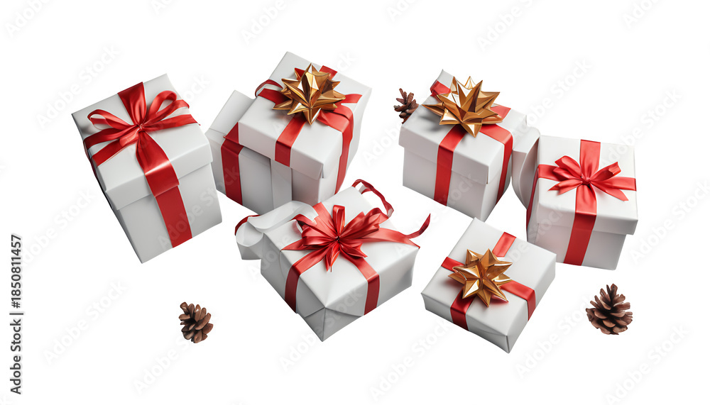 Fototapeta premium Six decorated gift boxes with pinecones