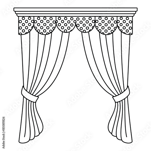 Elegant curtain with decorative valance and tassels Vector illustration