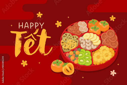 Holiday card design for Lunar New Year, Vietnamese Lunar New Year (Tet). Traditional sweets, fruits, candy box on red background