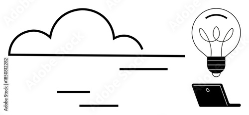 Cloud computing, innovation, tech solutions, remote work, digital connectivity, creative ideas. Features a cloud, lightbulb and laptop icon. Cloud computing and innovation concept