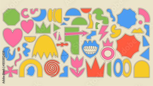 A vibrant mix of playful geometric shapes, crowns, hearts, arrows, and other abstract symbols in bright colors, creating a lively and fun design