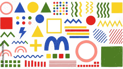 A dynamic and colorful collection of geometric shapes, lines, and patterns in red, yellow, blue, green, and more, creating a lively abstract design